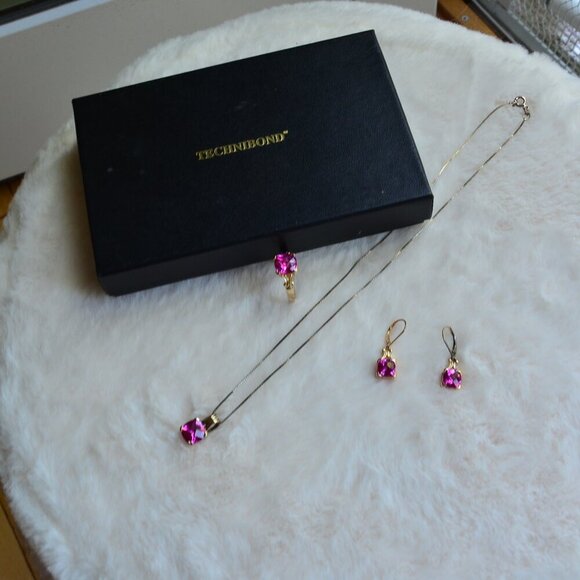 Technibond Sterling Silver Goldtone Necklace Ring & Earrings Ruby Set - Picture 1 of 10